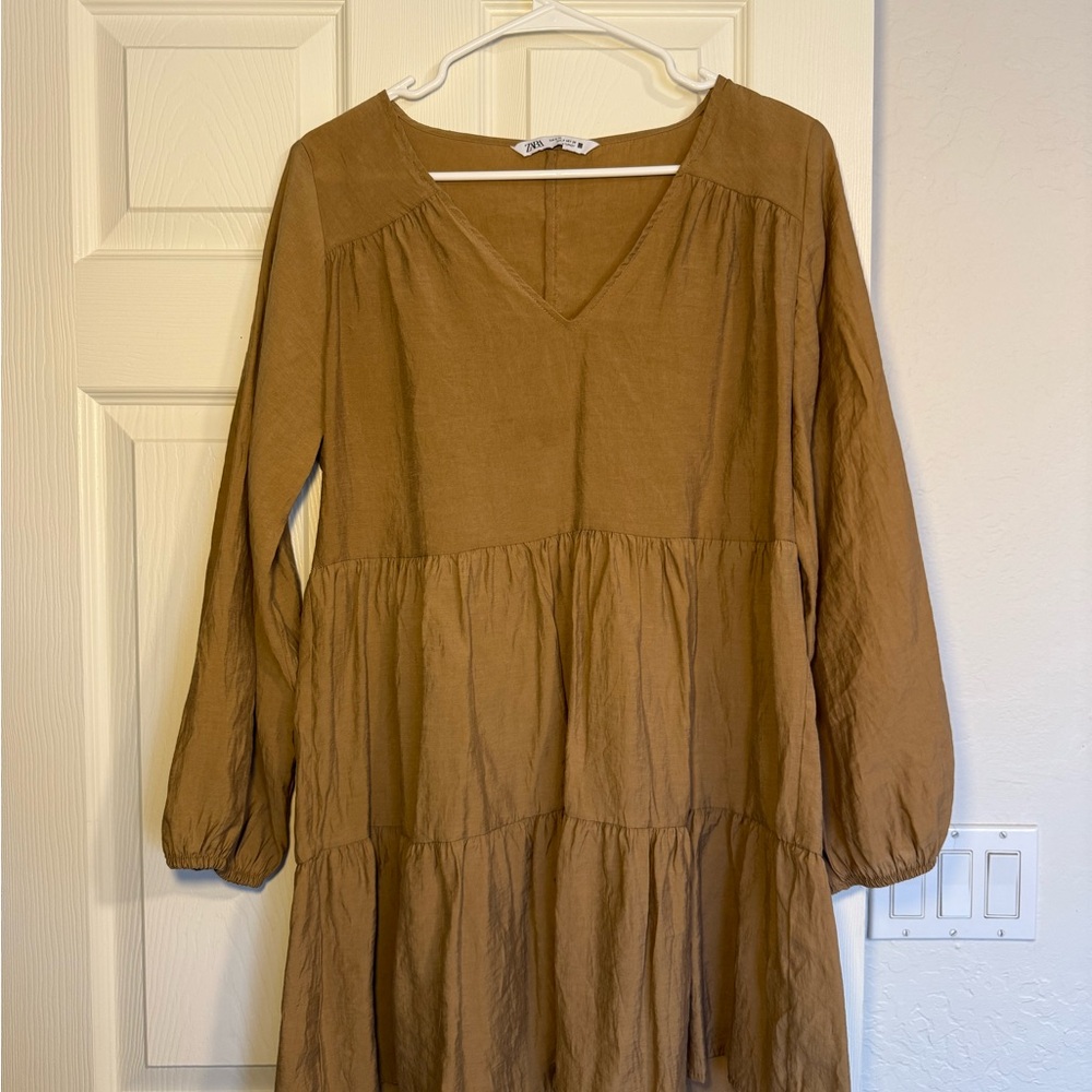 Brown Long Sleeve Tiered Dress